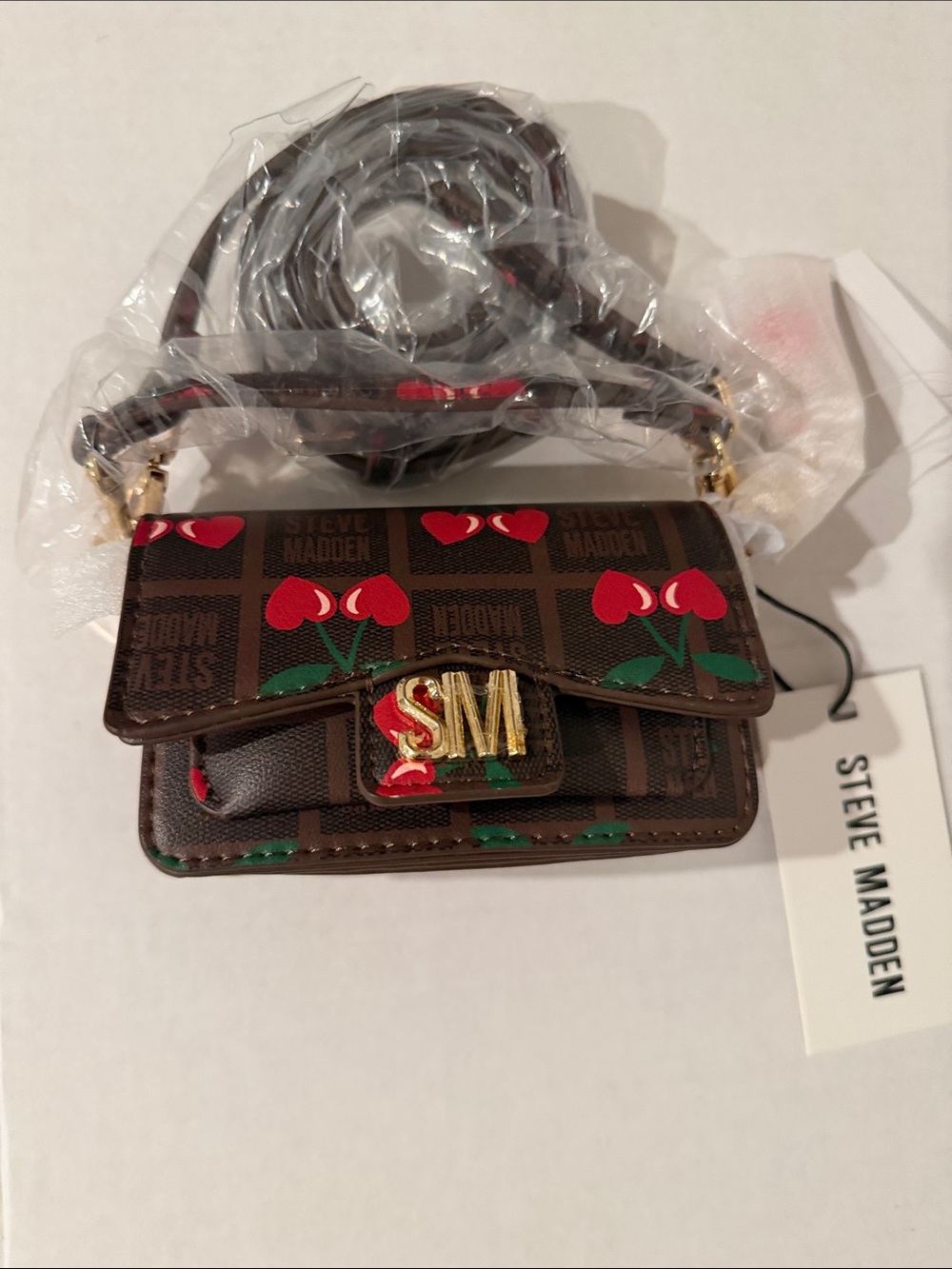 Steve Madden Brown Cherry Print Mini Crossbody Bag